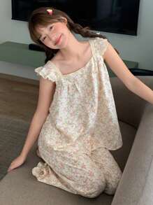 DAZY Ditsy Floral Pattern Ruffled Trim Sleeveless Pajama Set - Beige - View 8