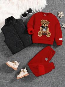 SHEIN 2pcs Young Girl Simple Bear Decorated Sweatshirt Set, Warm For Fall & Winter