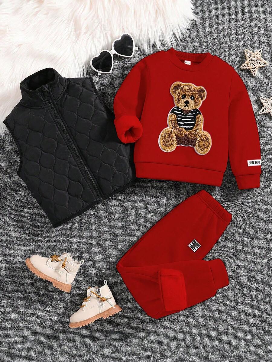 SHEIN 2pcs Young Girl Simple Bear Decorated Sweatshirt Set, Warm For Fall & Winter