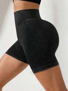 Easithlete Pantalones cortos deportivos casuales de unicolor sin costuras de cintura alta para mujeres - Gris Oscuro - Ver 3