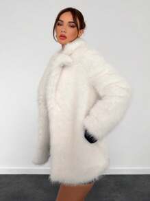 Aloruh 1pc Women Solid Color Open Front Long Sleeve Fluffy Jacket, Autumn/Winter