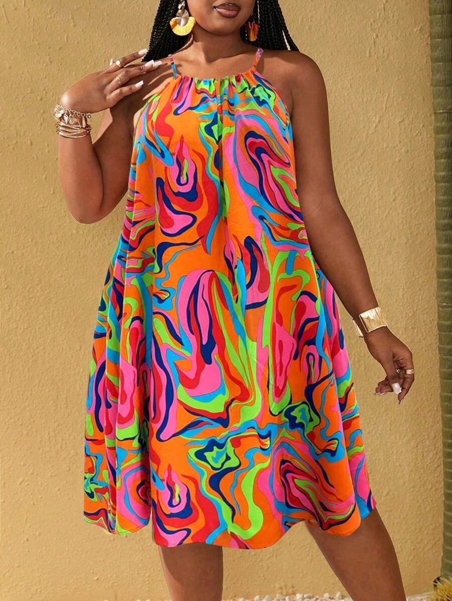 Maweii Jennifer_samantha_style Plus Size All-Over Print Halter Neck Sleeveless Casual Vacation Dress, Summer, For Apple Rounded Body Shape
