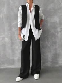 EURMUSE Solid Color V-neck Casual Two Piece Set - Black - View 5