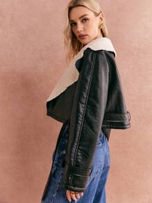 SHEIN Frenchy 女士时尚休闲撞色翻领蓬松饰边短夹克 24 FW - 黑色 - 查看 2