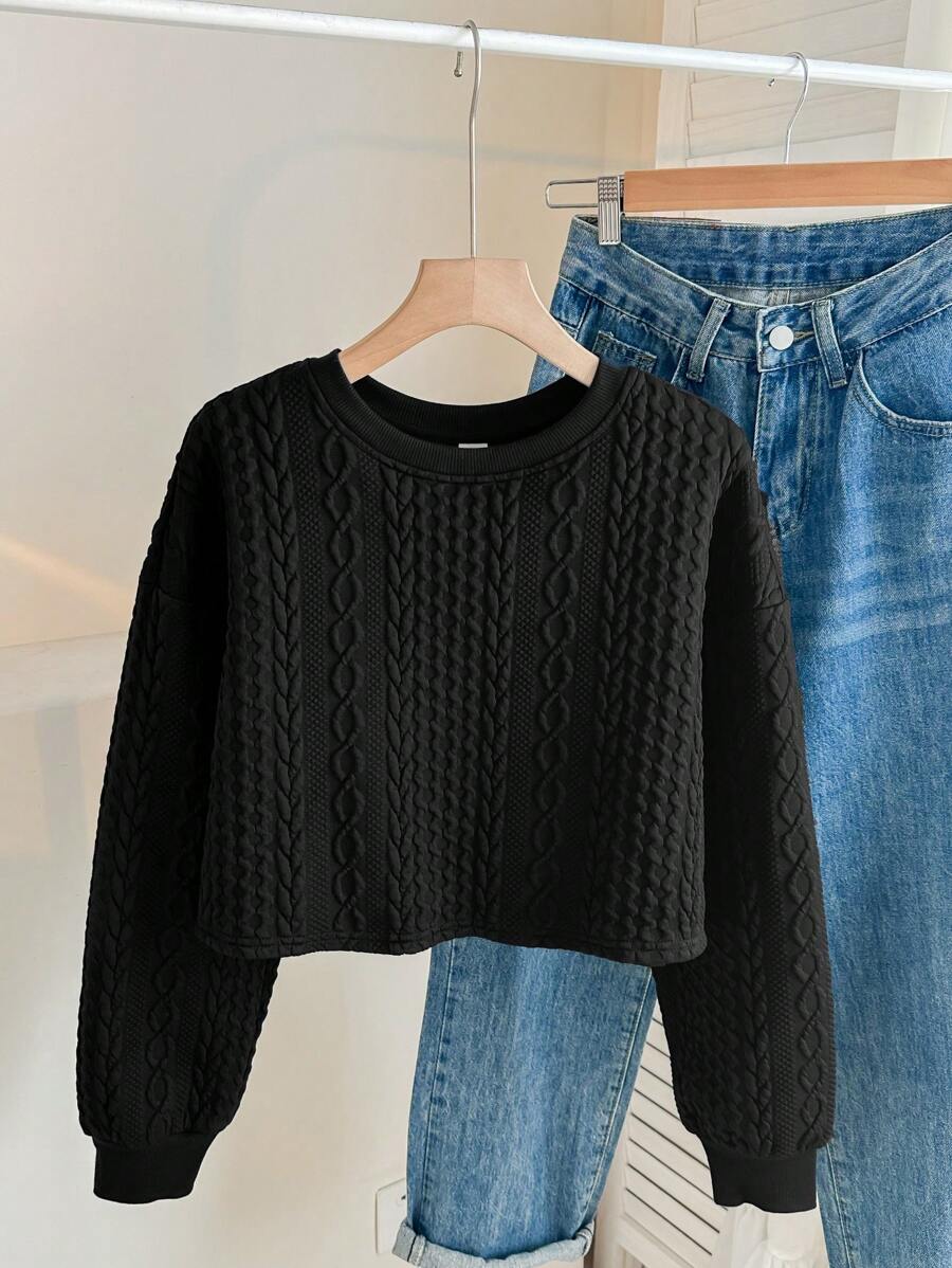 SHEIN 少女纹理针织加垫宽松短款圆领运动衫 - 黑色 - 查看 1