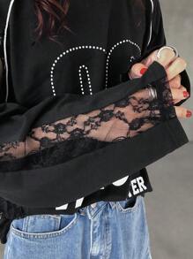 FRIFUL Women Oversized T-Shirt With Lace Patchwork, Letter & Print, Colorblock Long Sleeve Women Tops - Black - View 8