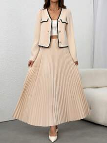 Chiquease Set de 2 piezas: Blusa de manga abullonada con ribete de color contrastante y falda plisada, para el otoño