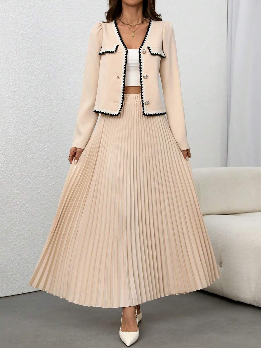 Chiquease Set de 2 piezas: Blusa de manga abullonada con ribete de color contrastante y falda plisada, para el otoño