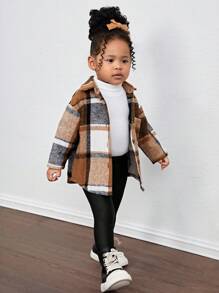 SHEIN 3 pièces/Set Veste à carreaux pour bébé fille, pull tricoté et pantalon à taille élastique, automne/hiver - Tabac - Voir 5