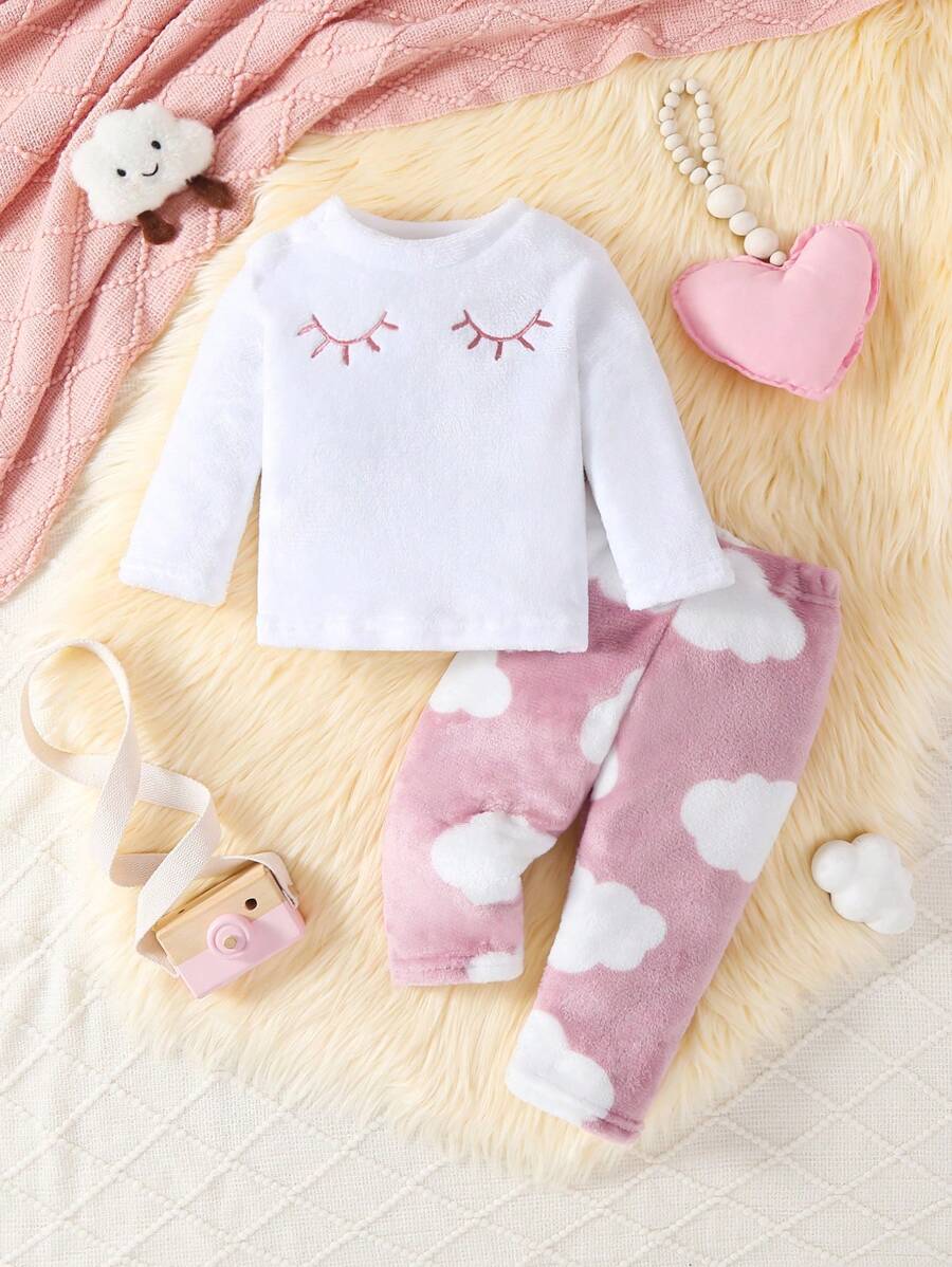 2 件装女婴休闲可爱毛绒面料长袖上衣和长裤家居服套装 - 白色 - 查看 1