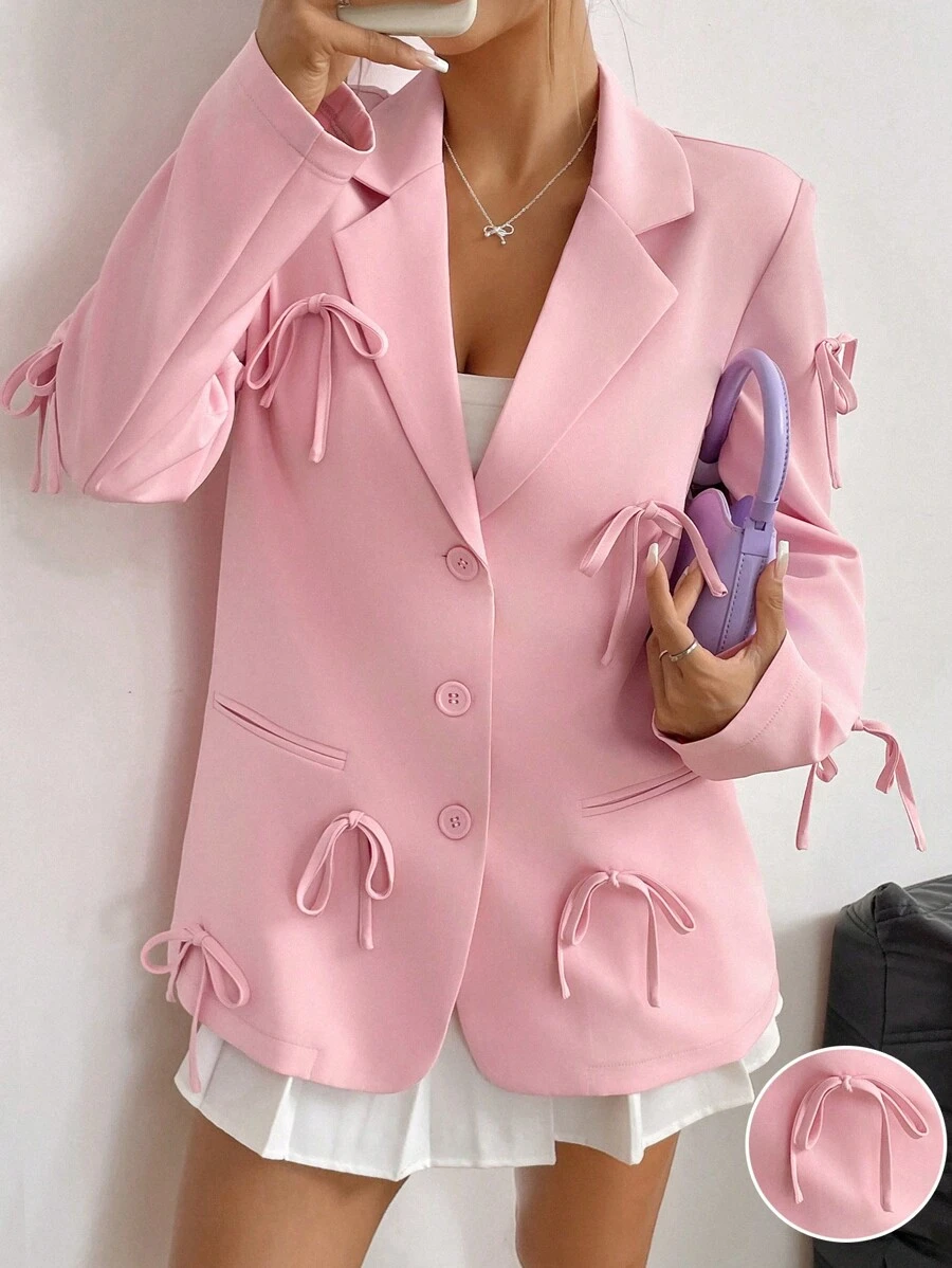 Rafferiza 1pc Women's Solid Color Stand Collar Long Sleeve Bowknot Blazer For Autumn Fall Cloth For Women - Pink - View 1