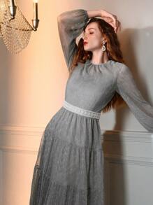 The Great Gatsby x MOTF GLITTER MESH OVERLAY LANTERN SLEEVE TIERED HEM FAUX PEARL WAIST EVENING DRESS