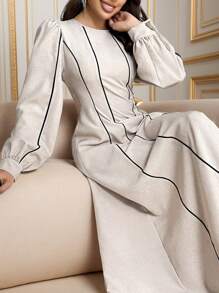 Seusyu 女士圆领长袖休闲时尚优雅阿拉伯风格朴素连衣裙 - 杏色 - 查看 2