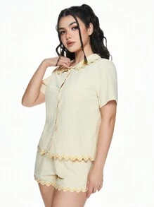 ROMWE Hippie Style Sun Embroidered Women's Homewear Set With Fringed Hem - Apricot - View 4