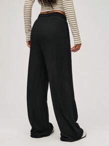 SHEIN BASICS Casual Solid Color Knitted Straight Leg Pants For Women - Black - View 2