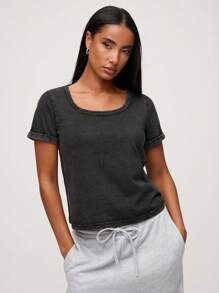 SHEIN BASICS Casual Solid Color Knitted Square Neck Short Sleeve Loose T-Shirt For Women - Dark Grey - View 5