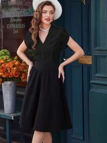 Vintamour Vintage Elegant Women's Fitted Cutout Collar Black Blouse,Summer Tea Party Teacher Tops Old Money Aesthetic Business Casual Hollowed Blouse - Black - View 5