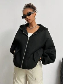 SHEIN EZwear 女士休闲双面连帽羊毛夹克，适合秋冬季 - 黑色 - 查看 5