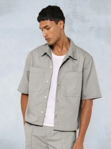 SUMWON Crop Revere Shirt And Straight Fit Pant 2 Piece Set