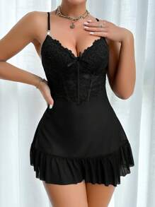 2 pièces Set : Nuisette avec décoration de lacet à la taille en forme d'arête de poisson et robe transparente à manches larges avec bordure de dentelle florale