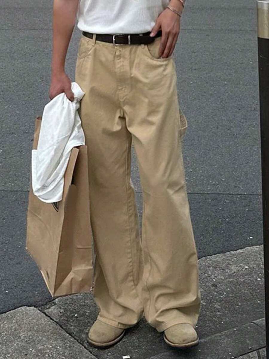 DAZY 男士休闲卡其色宽松阔腿裤，带斜口袋，适合秋季日常穿着 - 卡其色 - 查看 1