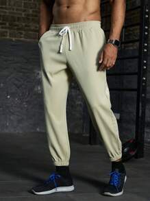 Gym Rark Plus Size Men Casual Solid Color Drawstring Waist Jogger Pants - Khaki - View 6