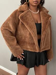Slaydiva Plus Size Elegant, Casual, Party & Dating Versatile Solid Brown With Pockets Fluffy Women Plus Size Short Jacket, Warm For Autumn/Winter - Brown - View 5