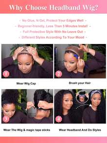 Kinky Curly Headband Wig Short Human Hair Wig With Head Band Affordable Hair Replacement Headband Wig Ready Wear To Go Daily Use Natural Black Color