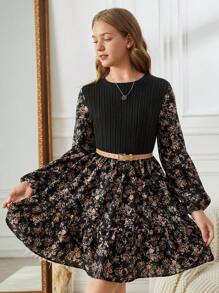 SHEIN 少女黑色碎花拼布腰部 A 字形长袖复古优雅连衣裙，乡村风格 - 黑色 - 查看 5