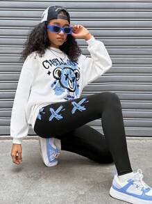 SHEIN Leap Crew Bộ 2 quần dài tay rộng rãi in hình gấu và quần legging cổ tròn cho bé gái tuổi teen - Màu xanh lam - Xem 5