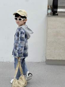 SHEIN 2pcs/Set Young Boys Casual Plaid Patchwork Hooded Cardigan Long Sleeve Top & Distressed Denim Pants Outfit,Suitable For Street Outdoor Autumn Spring - Black and White - View 10