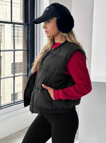 SHEIN EZwear Jednolita kolorowa kurtka puchowa z zamkiem błyskawicznym z przodu, bez rękawów, swobodna, codzienna odzież