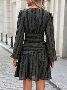 EMERY ROSE Women's Ruffle V-Neck Long Sleeve Zebra Print Party Dress, Fitted Waist Peplum Hem, Spring/Autumn