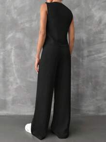 EURMUSE Solid Color V-neck Casual Two Piece Set - Black - View 2