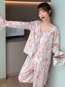 DAZY Pyjamaset met bloemenprint, ruches, strik aan de voorkant en strik aan de mouwen
