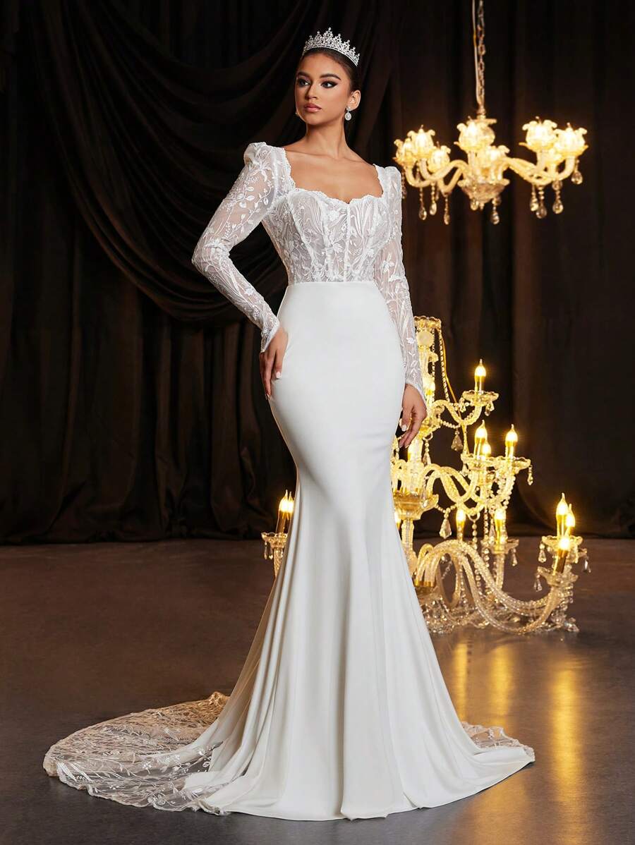 Glamrae Luxurious & Elegant White Sheer Sleeve Sweetheart Neck Embroidered Lace Splice Elastic Knit Fabric Bodysuit With See-Through Bra Cup, Fishbone Back Lacing, Mermaid Tail Dress With Embroidered Lace Overlay Trim, Suitable For Weddings, Parties, Vacations, Non-Traditional Wedding Dress, Bridal Dress,Bride, For Valentine's Day - Beige - View 1