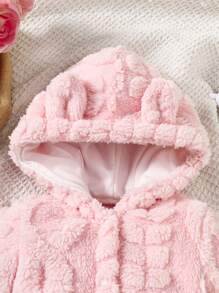 Enterizo de bebé niña con capucha de diseño de conejo, de franela jacquard rosa, cálido y casual para el invierno - Rosa - Ver 3