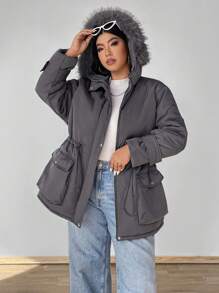 SHEIN MOOSTA Plus Size Women Padded Padded Coat Clothes Winter With Fluffy Collar And Pockets - Dark Grey - View 4