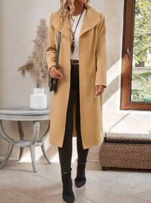 EMERY ROSE Abrigo largo minimalista de color liso y manga larga para mujer, uso casual diario - Caqui - Ver 6