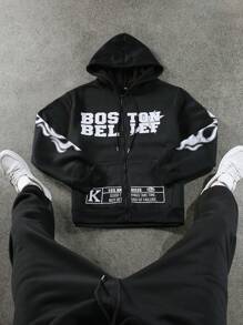 Manfinity EMRG Men's Letter Print Zip-Up Drawstring Hooded Casual Sweatshirt, Fall & Winter - Black - View 1