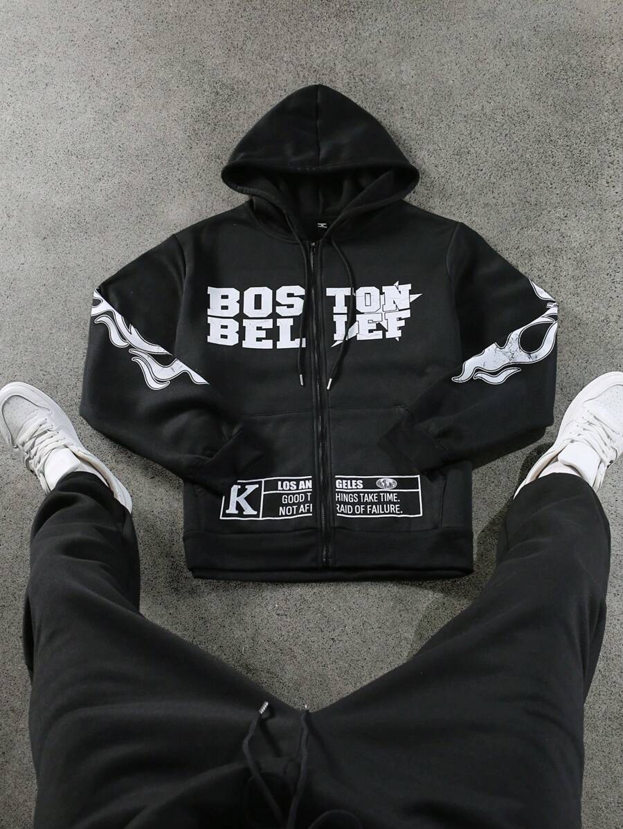 Manfinity EMRG Men's Letter Print Zip-Up Drawstring Hooded Casual Sweatshirt, Fall & Winter - Black - View 1