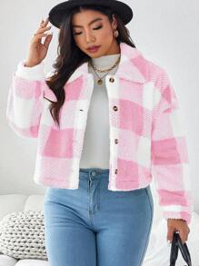 SHEIN LUNE Winter Plus Size Groen Geruit Fleece Jack Winter Dameskleding Valentijnsdag Vakantie Outfit