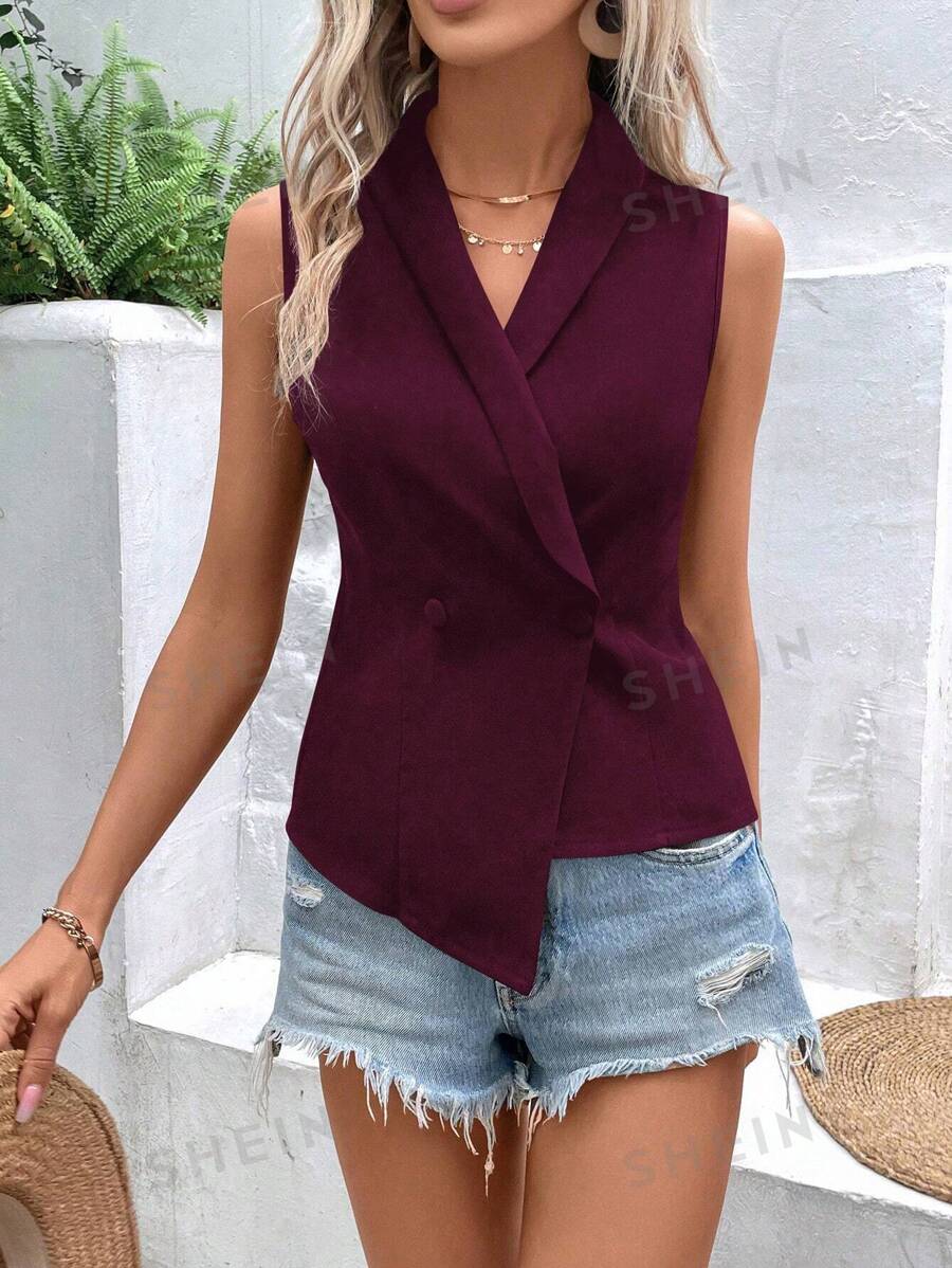 SHEIN LUNE 1 pieza Blazer de mujer sin mangas de unicolor con botones delanteros simples, para uso casual diario