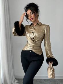 Chiquease Women's French Romantic Cross Tied Golden Sequin Design Flare Sleeve Feather Decor Blouse For New Year Holiday Party Clothes Women Shirt - Gold - View 4
