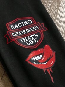 Manfinity EMRG 男士休闲日常字母印花保暖内衬拉链连帽运动衫，秋季图案拉链连帽衫赛车连帽衫 - 黑色 - 查看 6