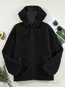 女士休闲宽松纯色保暖内衬连帽夹克，冬季 - 黑色 - 查看 4