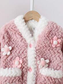 1 件女童可爱花朵口袋双排扣毛绒长袖开衫 - 粉色 - 查看 3
