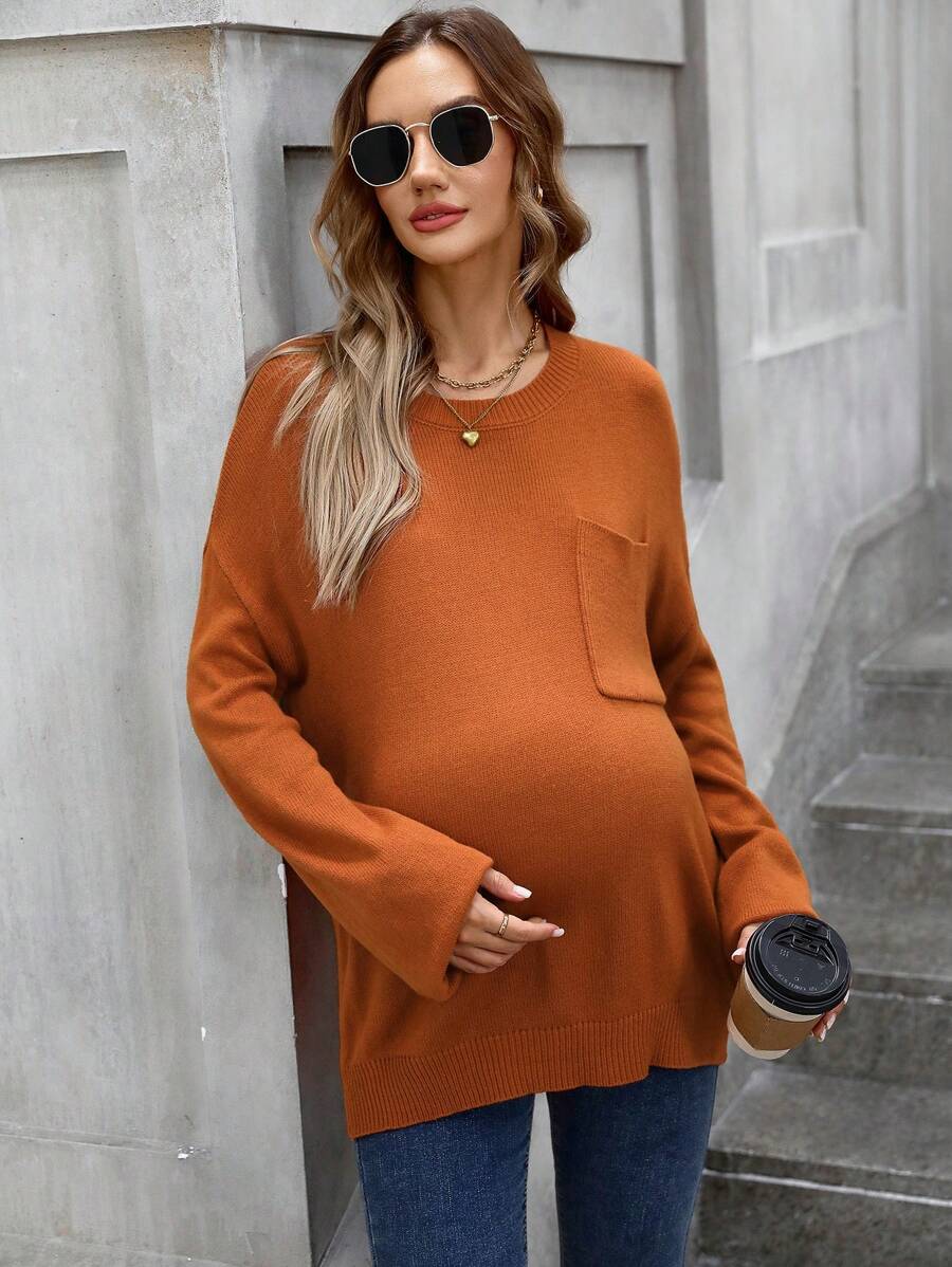 SHEIN 孕妇落肩口袋贴片长袖针织毛衣，适合冬季 - 鏽棕色 - 查看 1