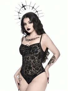 ROMWE Goth Gothic Floral Flocked Jumpsuit Wrap Top & Sexy Lingerie Set