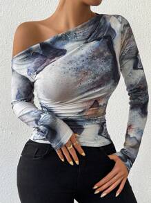 Chiquease Camiseta de manga larga con estampado de patrón de mármol, plisada y asimétrica, camiseta gráfica para mujer para looks de primavera - Multicolor - Ver 6